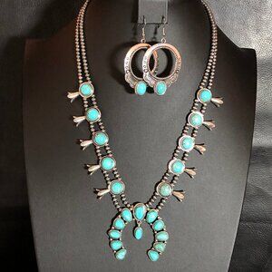 Silver Turquoise Squash Blossom Necklace Vintage Native Southwest STYLE +Ear Blt